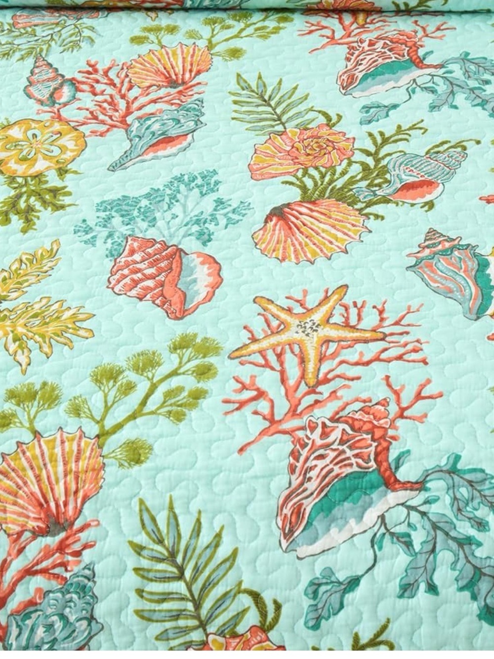 Aqua Seashell & Coral Quilt Set - Coastal Floral Bedding cotton fabric - Picture 3 of 4